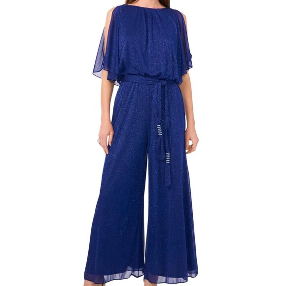 MSK Blue Glitter Chiffon Blouson Wide Leg Jumpsuit L NWT Evening Formal - Picture 4 of 7